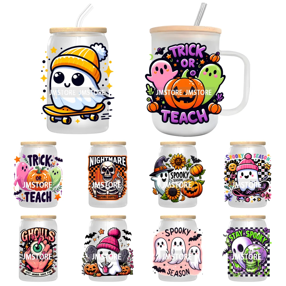 Trick or Teach Ghouls Halloween UV DTF Transfer Stickers Decals For Libbey Cold Cups Mugs Tumbler Waterproof Label Spooky Season