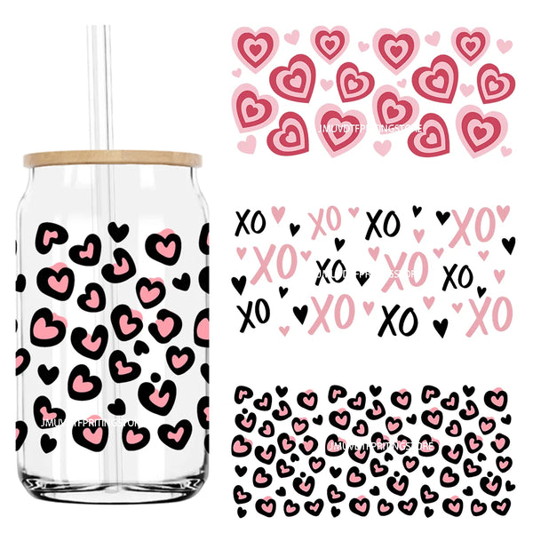 Leopard Hearts XOXO Valentines 16OZ UV DTF Cup Wrap Transfers Stickers Custom Labels DIY Waterproof Logo For Libbey Glass Can