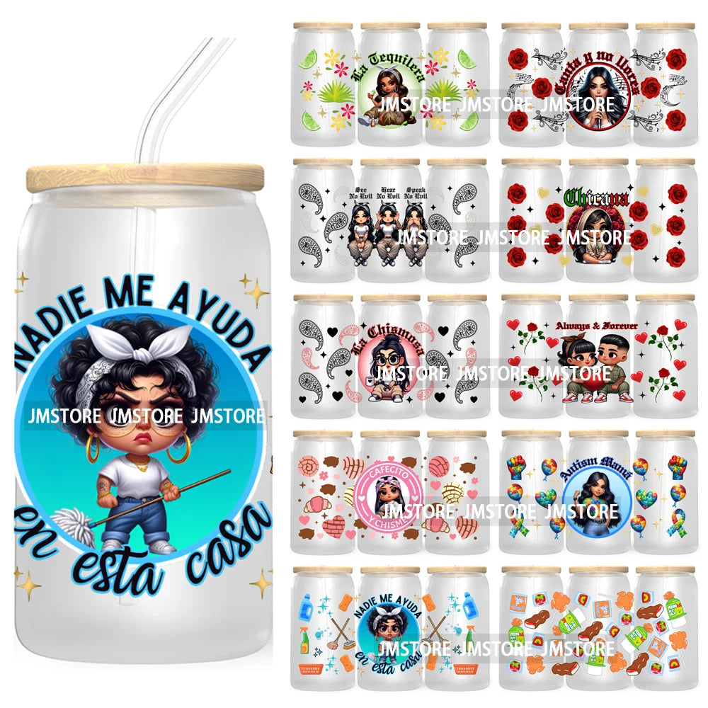 Chibi Latina Chicana 16OZ UV DTF Cup Wrap Transfer Stickers For Libbey Glass Can Cups Tumbler Waterproof Craft Mexican Girl Rose