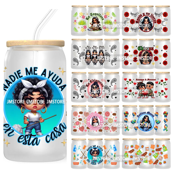 Chibi Latina Chicana 16OZ UV DTF Cup Wrap Transfer Stickers For Libbey Glass Can Cups Tumbler Waterproof Craft Mexican Girl Rose