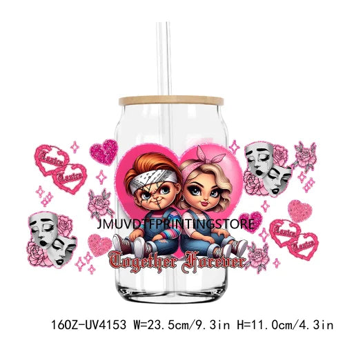 Cartoon Valentines Couple Love 16OZ UV DTF Cup Wrap Transfers Stickers Custom Labels DIY Waterproof Logo For Libbey Glass Can