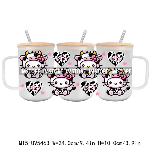 Strawberry Cartoon Hello Cat UV DTF Sticker For 15OZ Mug Libbey Glass Cup Can Wrap Transfer Sticker Custom Labels DIY Logo Cow