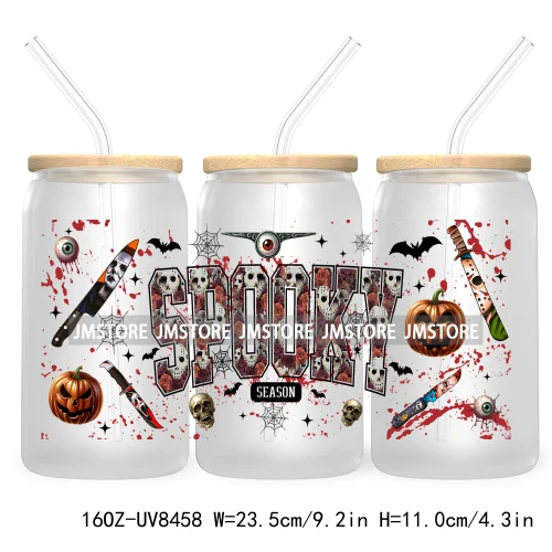 Halloween Characters 16OZ UV DTF Cup Wrap Transfer Sticker Custom Label Waterproof Logo For Libbey Glass Can Spooky Horror Movie