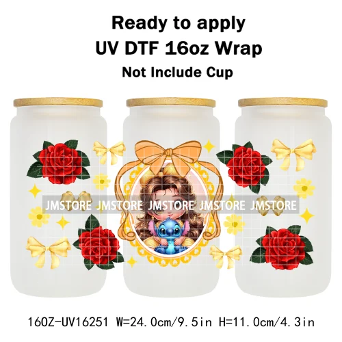 Floral Cartoon Princess Coquette Bow 16OZ UV DTF Cup Wrap Ready To Apply Waterproof Transfer Stickers For Libbey Glass Can Mugs