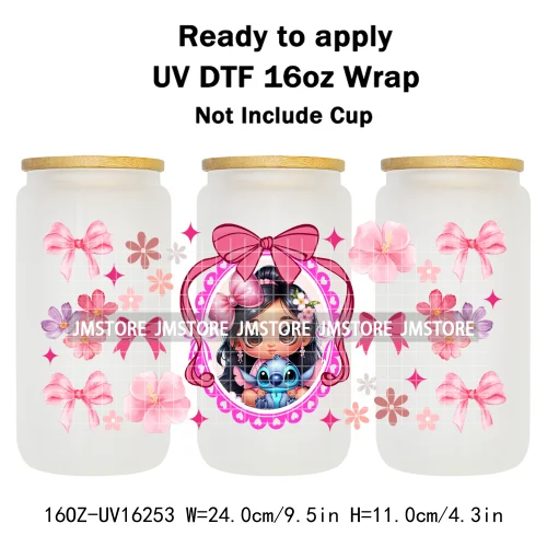 Floral Cartoon Princess Coquette Bow 16OZ UV DTF Cup Wrap Ready To Apply Waterproof Transfer Stickers For Libbey Glass Can Mugs