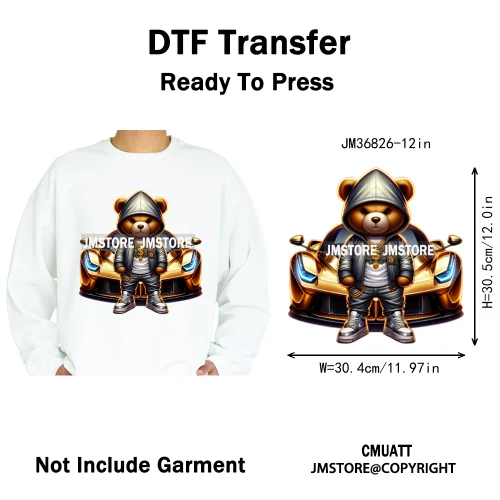 12in Hip Hop Vibes Urban Style Rich Bear With Gold Chains King Animal Iron on DTF Transfers Stickers Ready to Press for Textile