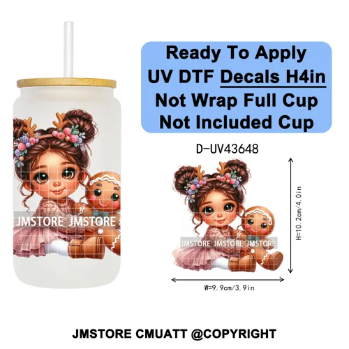 Floral Christmas Latina Chibi Girl UV DTF Transfer Stickers Decals Ready To Apply Good Quality Prints For Libbey Cold Cup Mugs