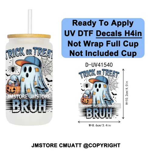 Spooky Highland Cow Halloween Ghosts Pumpkin UV DTF Decals Ready To Apply Waterproof Transfer Stickers For 16OZ Libbey Glass Can