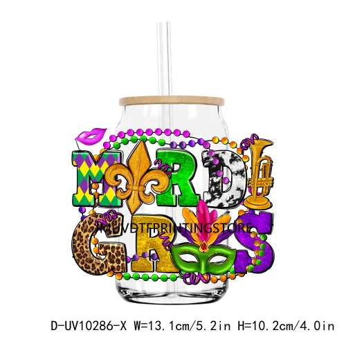 Happy Mardi Gras Afro Messy Bun UV DTF Transfers Stickers Decals For Libbey Cold Cups Mugs Tumbler Waterproof DIY Logo