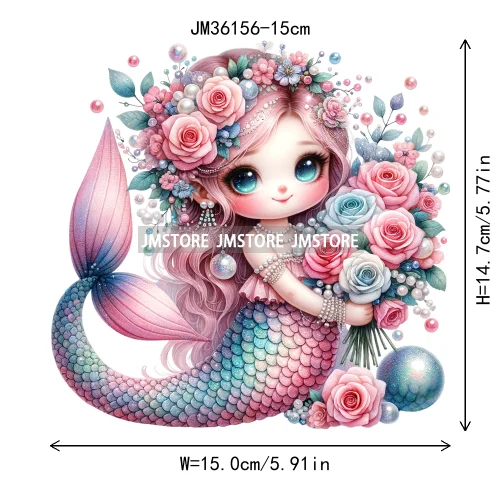 15cm 5.9in Cute Kid Flower Mermaid Iron On DTF Heat Transfer Sticker For Clothes Printed Thermal Applique Washable T-Shirt Decal