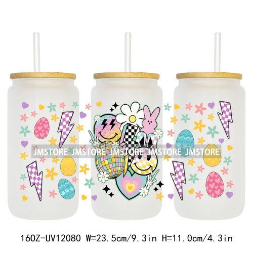 Retro Easter Bunny Rabbit Eggs Flowers 16OZ UV Cup Wrap DTF Transfer Stickers For Libbey Glass Can Cup Tumbler Waterproof Labels