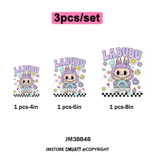 Floral Cute Checkered Cartoon Monster Character Iron on DTF Washable Transfers Stickers Designs Ready to Press for Textile Bags