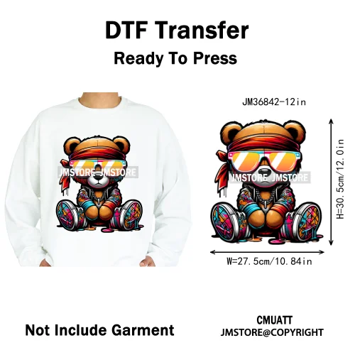 12in Hip Hop Vibes Urban Style Rich Bear With Gold Chains King Animal Iron on DTF Transfers Stickers Ready to Press for Textile