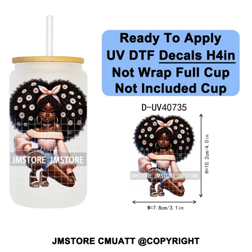 Big Hair Fashionable Black Girl UV DTF Decals Ready To Apply Waterproof Transfer Stickers DIY Crafts For 16OZ Libbey Glass Can