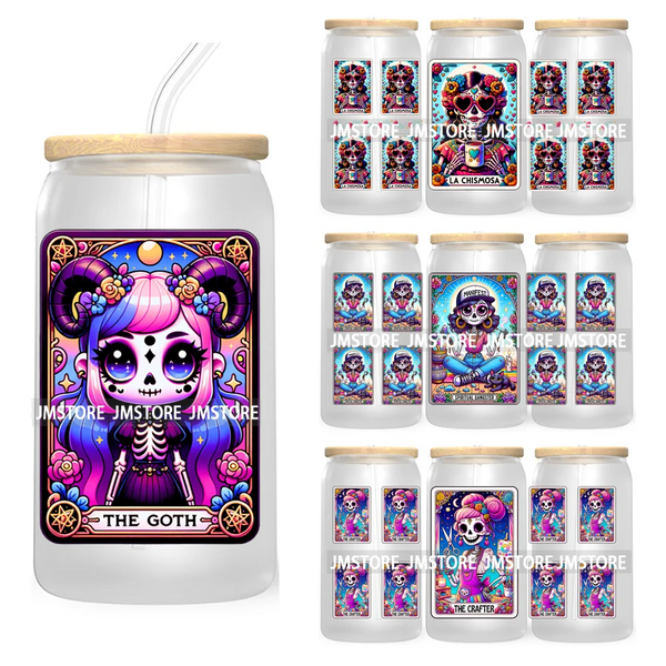 Funny Tarot Card UV DTF Sticker For 16OZ Libbey Glass Cup Can Wrap Transfer Sticker Custom Label DIY Logo Mexican Skeleton Skull