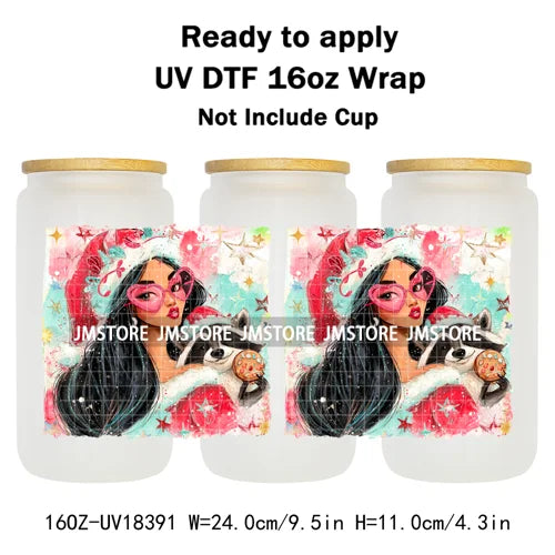 Brushstroke Christmas Glitter Princess UV DTF Cup Wrap Ready To Apply Transfer Stickers 16OZ Tumbler Wraps For Libbey Glass Can