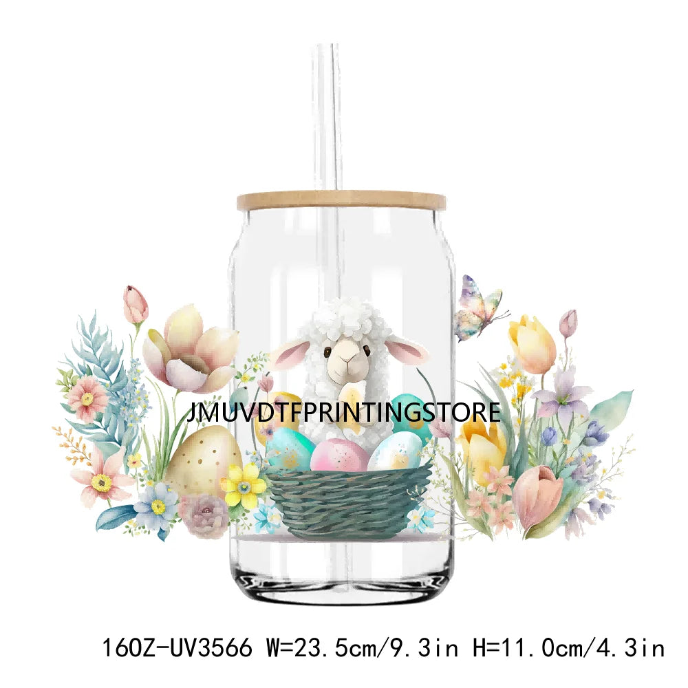 Happy Easter Day UV DTF Sticker For 16OZ Libbey Glass Cup Can Wrap Transfer Sticker Custom Labels DIY Logo Animals Bunny Eggs