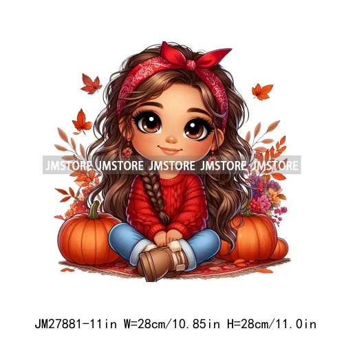 Cute Autumn Pumpkins Fall Vibes Laina Baby Hispanic Chibi Girls Logos DTF Iron On Transfer Stickers Ready To Press For T-shirts