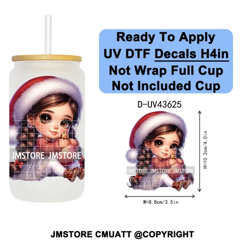 Chibi Cute Mexican Christmas Baby Girl UV DTF Decals Ready To Apply Waterproof Transfer Stickers For 16OZ Libbey Glass Can Mugs