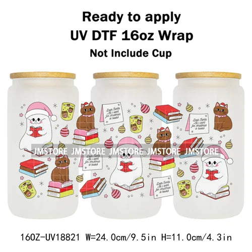 Christmas Bookish Santa Stocking Gifts UV DTF Cup Wrap Ready To Apply Transfer Stickers Waterproof For 16OZ Libbey Glass Can Mug