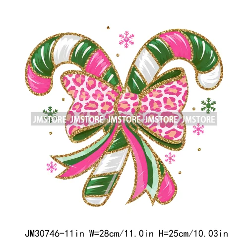 Merry Christmas Vibes Coquette Bow Faux Glitter Pink Candy Cane Decals Iron On DTF Transfer Stickers Ready To Press For Clothing