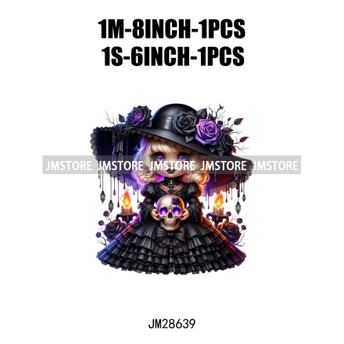 Gothic Girl Gnomes Halloween Witch Dolls Black Flowers Horror Vibes Iron On DTF Transfers Stickers Ready To Press For Clothing