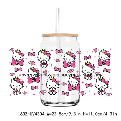 Hello Coffee Cat 16OZ UV DTF Cup Wrap Transfer Stickers Cartoon Valentine Custom Labels DIY Waterproof Logo For Libbey Glass Can