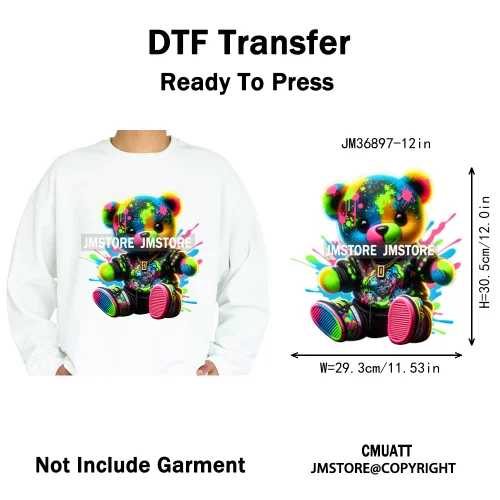 12in Colorful Graffiti Urban Stree Vibes Fearless Gangster Bear Washable Iron on DTF Transfer Sticker Ready to Press for Clothes