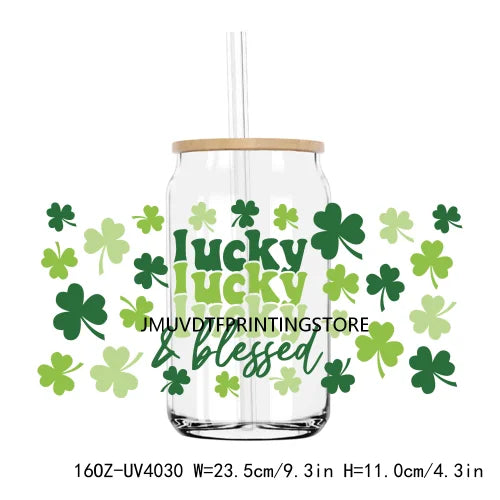 Lucky Blessed 16OZ UV DTF Cup Wrap Transfers Stickers Shamrock Four Leaf Custom Labels DIY Waterproof Logo For Libbey Glass Can