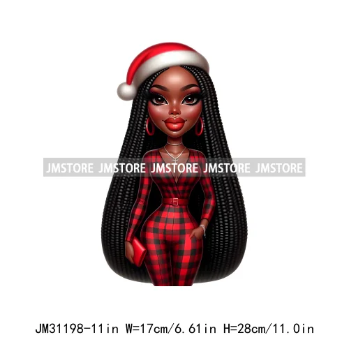 Fashion Santa Afro Black Woman Merry Christmas Girly Winter Iron On DTF Transfers Stickers Printing Ready To Press For Clothing