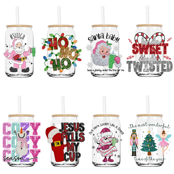 Faux Embroidery Sequins Ho Ho Ho Christmas UV DTF Transfer Stickers Decals For Libbey Cold Cups Mugs Tumbler Waterproof DIY Logo