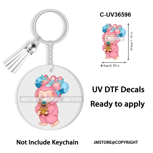 Coquette Bow Cartoon Monsters Doll In Costume Decal Round Keychain Ready To Apply UV DTF Transfer Stickers For Circle Keychain