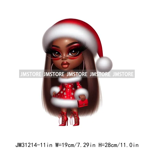 Merry And Bright Melanin Christmas Winter Festive Cheer Santa Woman Iron On DTF Transfer Stickers Ready To Press For Sweatshirts