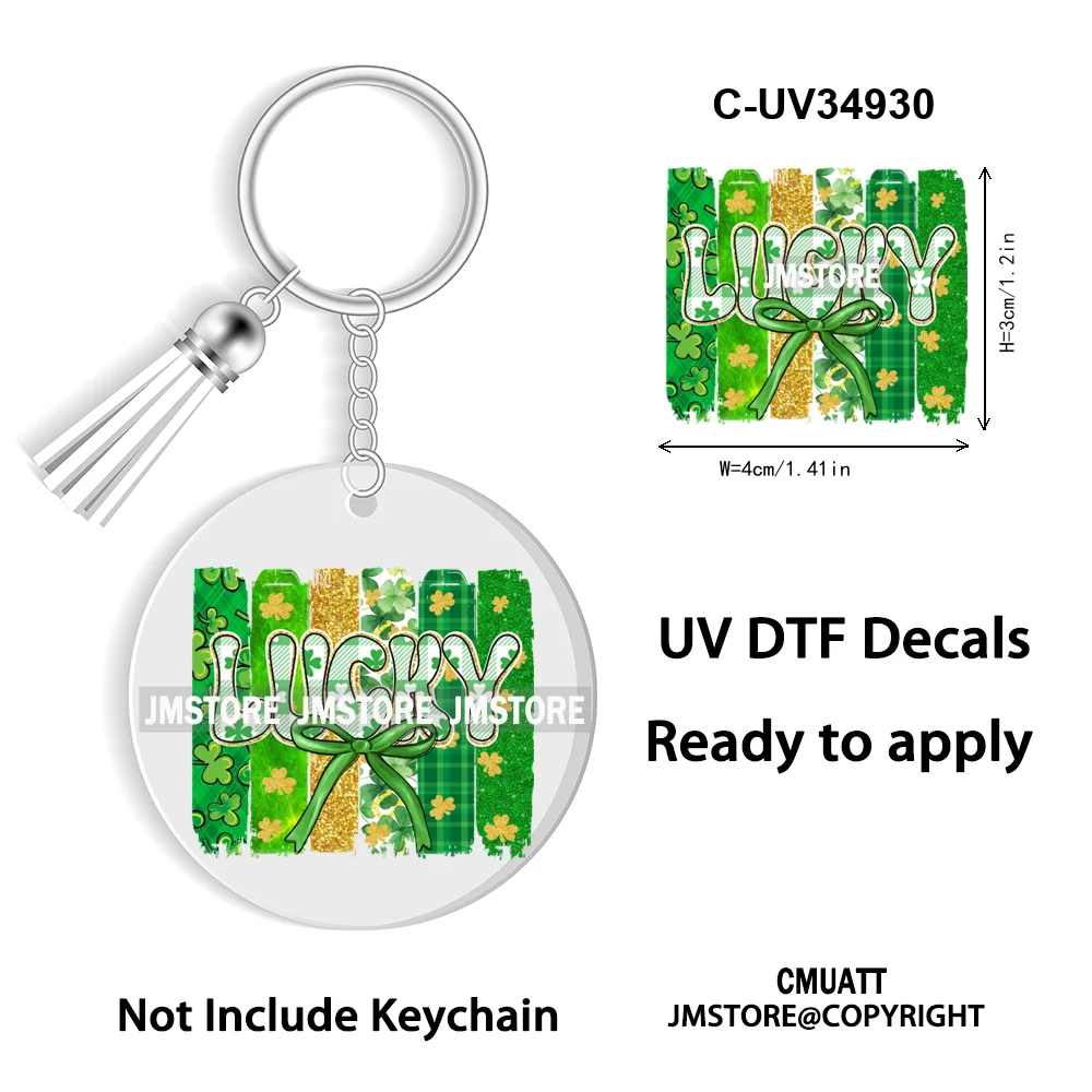 Faux Glitter Lucky Shamrock Coquette St. Patrick's Day WaterProof UV DTF Stickers For Round Circle Acrylic Keychain Key Ring