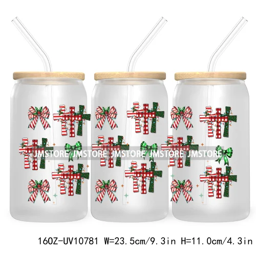 Religious Jesus Christmas UV DTF Cup Wrap For Libbey Glass Can Transfer Stickers Waterproof Custom Labels Christian Cross Bow