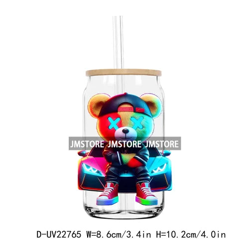 Colorful Neon Teddy Bear Urban Style UV DTF Transfers Stickers Decals For Libbey Cold Cups Mugs Tumbler Waterproof DIY Craft