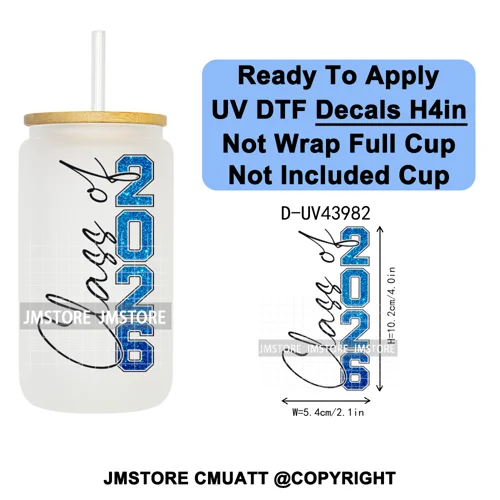 Faux Glitter Senior 2026 School UV DTF Decals Ready To Apply Waterproof Transfer Stickers DIY Crafts For 16OZ Libbey Glass Can