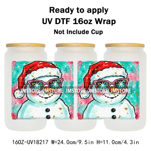 Preppy Brushstroke Christmas Santa Claus 16OZ UV DTF Cup Wraps Ready To Apply Waterproof Transfer Stickers For Libbey Glass Can