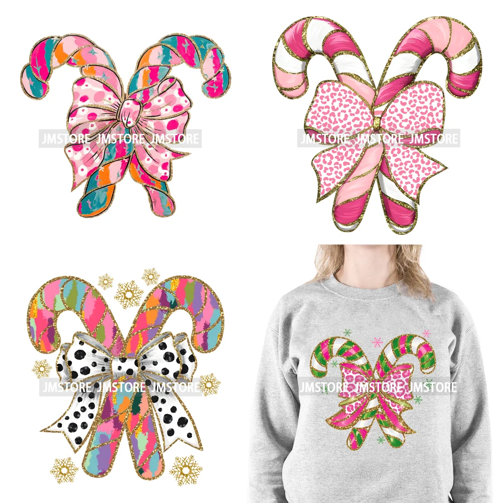 Merry Christmas Vibes Coquette Bow Faux Glitter Pink Candy Cane Decals Iron On DTF Transfer Stickers Ready To Press For Clothing