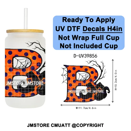 Polka Dot Pumpkin Halloween Letter Coquette UV DTF Decals Ready To Apply Waterproof Transfer Stickers For 16OZ Libbey Glass Can