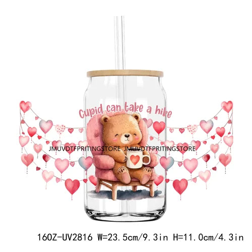 Valentines Teddy Bear With Red Roses UV DTF Sticker For 16OZ Libbey Glass Cup Can Wrap Transfer Sticker Custom Labels DIY Logo