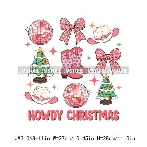 Funny Retro Western Merry Bright Country Christmas Cowgirl Howdy Tree Iron On DTF Transfers Stickers Ready To Press For Hoodies