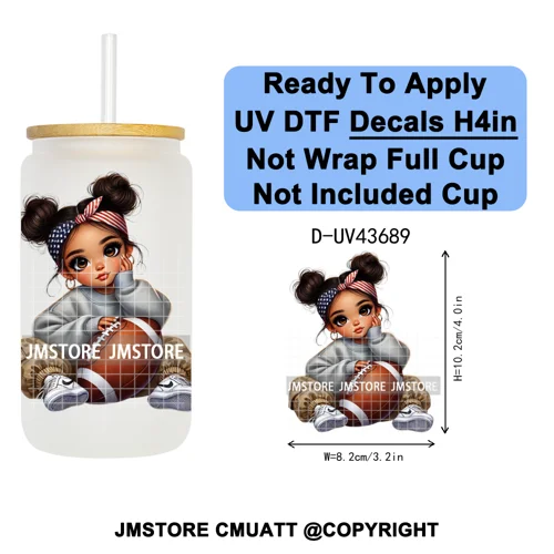 Cute Latina Baby Girl American Football UV DTF Cup Decals Ready To Apply Transfer Stickers Durable For Libbey Glass Can Tumbler