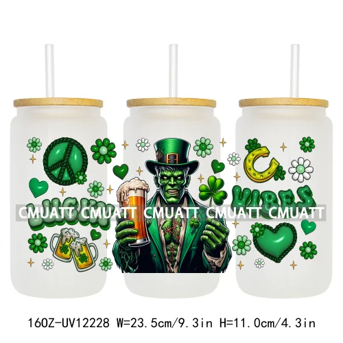 Cartoon Princess Girls St Patricks' Day Lucky Vibes 16OZ UV DTF Cup Transfer Wrap Sticker Waterproof Logos For Libbey Glass Can