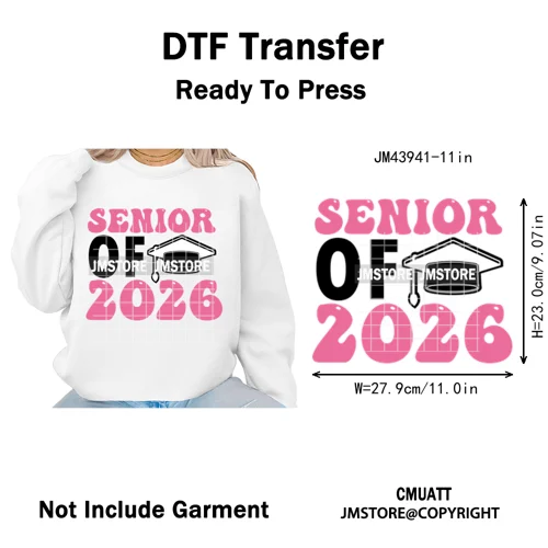 College Mega Senior 2K26 Coquette Class of 2026 Iron on Washable DTF Heat Transfers Stickers Ready to Press for Textiles Bags