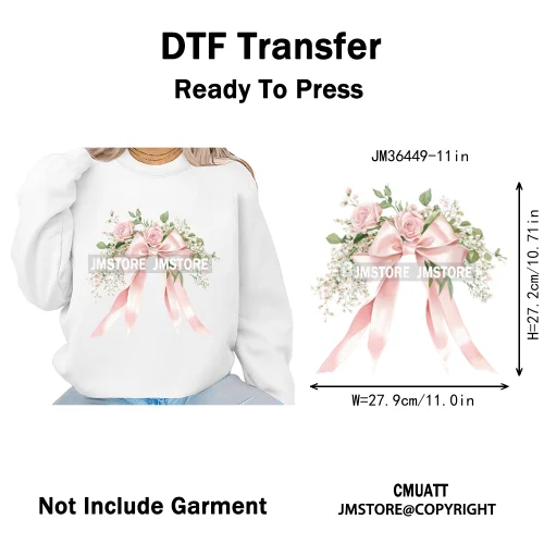 Pink Bow Silk Wedding Coquette Girl Ribbon Tied Printing Iron on DTF Thermal Transfers Stickers Ready to Press for Clothing Bags