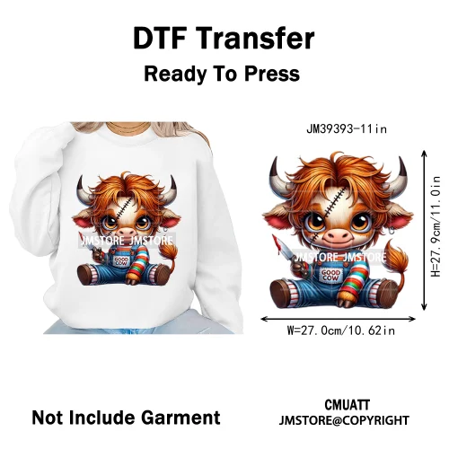 Horror Spooky Cartoon Baby Highland Cow Halloween Vibes Animal Iron on DTF Washable Transfers Sticker Ready to Press for Hoodies