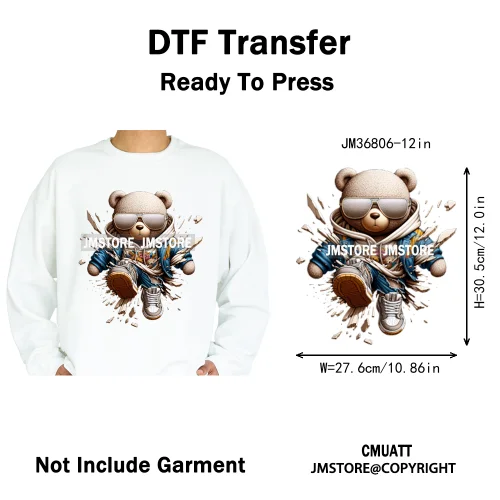 12in Cartoon Gangster Hip Hop Streetwear Teddy Bear Lover Designs Iron on DTF Heat Transfers Stickers Ready to Press for Hoodies