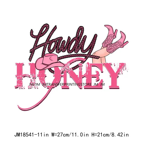 Pink Love Howdy Honey Valentine's Day Printing Designs Iron On Western Cowgirl Boat Hat DTF Transfers Stickers For T-Shirts Bag