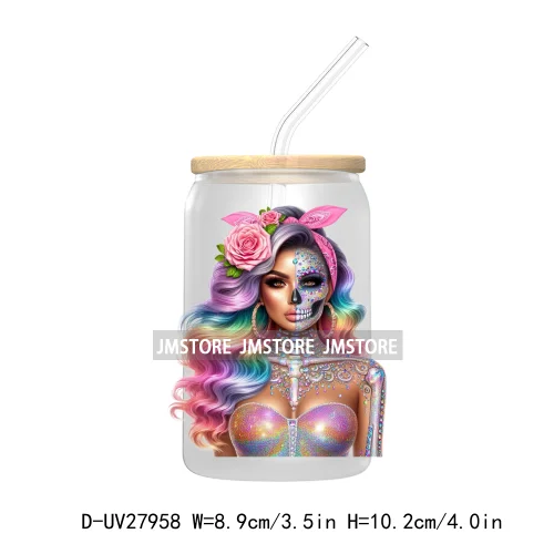 Rainbow Diamond Glamor Latina Skeleton UV DTF Transfer Stickers Decals For Libbey Cold Cups Mugs Tumbler Chicana Latina Woman